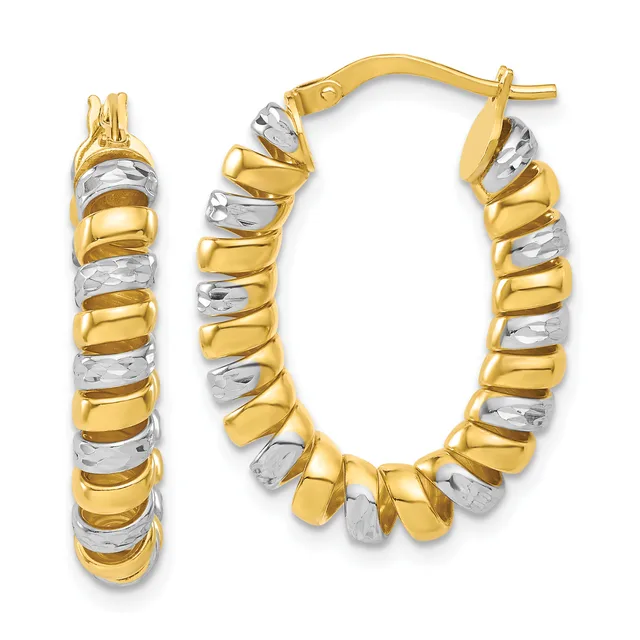 Pair of two-tone gold hoop earrings with alternating polished yellow and textured white gold segmented bands, shown from front and side views.