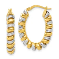 Pair of two-tone gold hoop earrings with alternating polished yellow and textured white gold segmented bands, shown from front and side views.