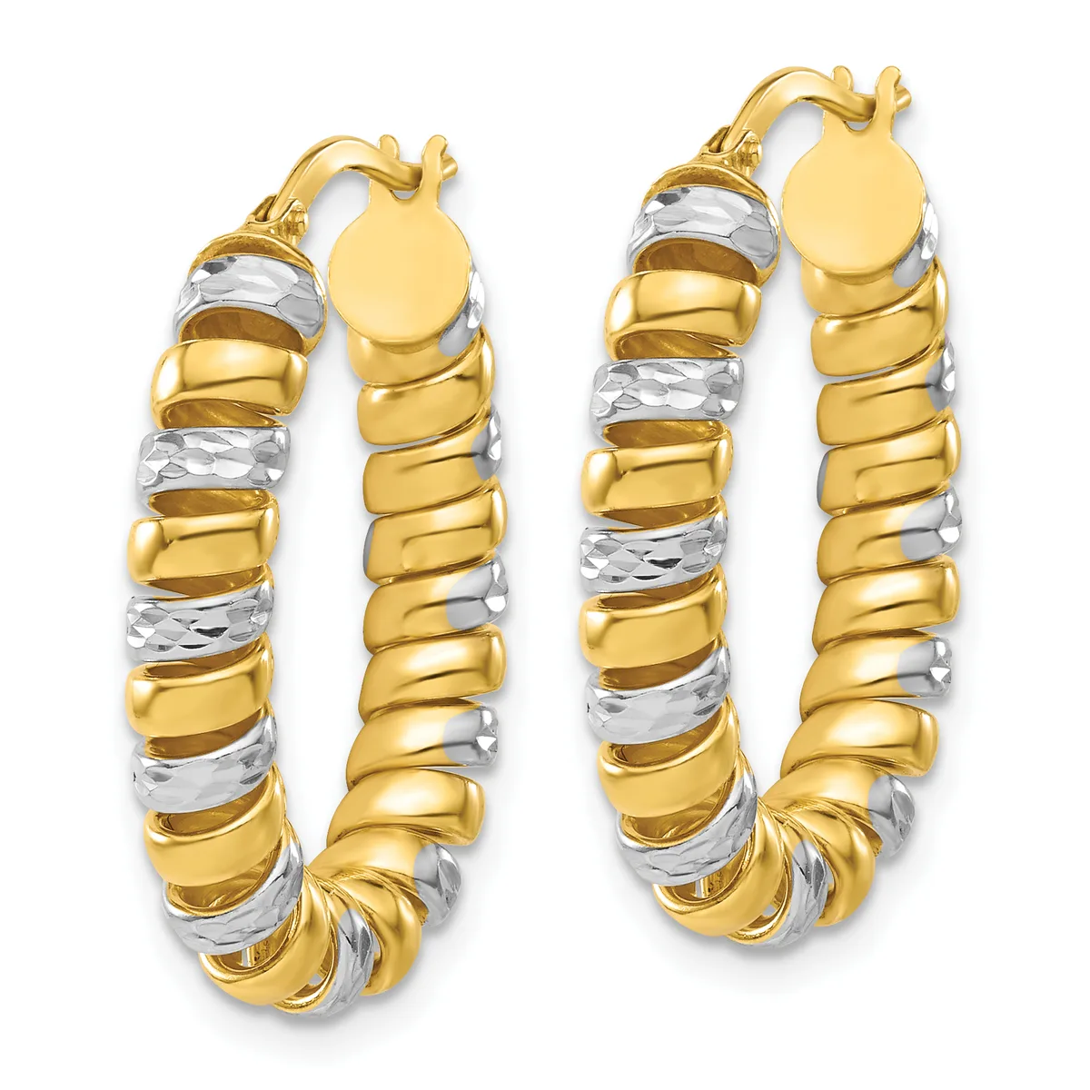 Pair of two-tone gold hoop earrings with alternating polished and textured segments and small circular tops, shown from the front.