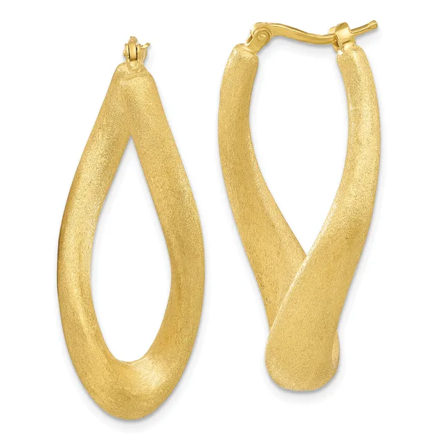 A pair of gold hoop earrings with a brushed matte finish and curved oval shape, shown from the front and side views.