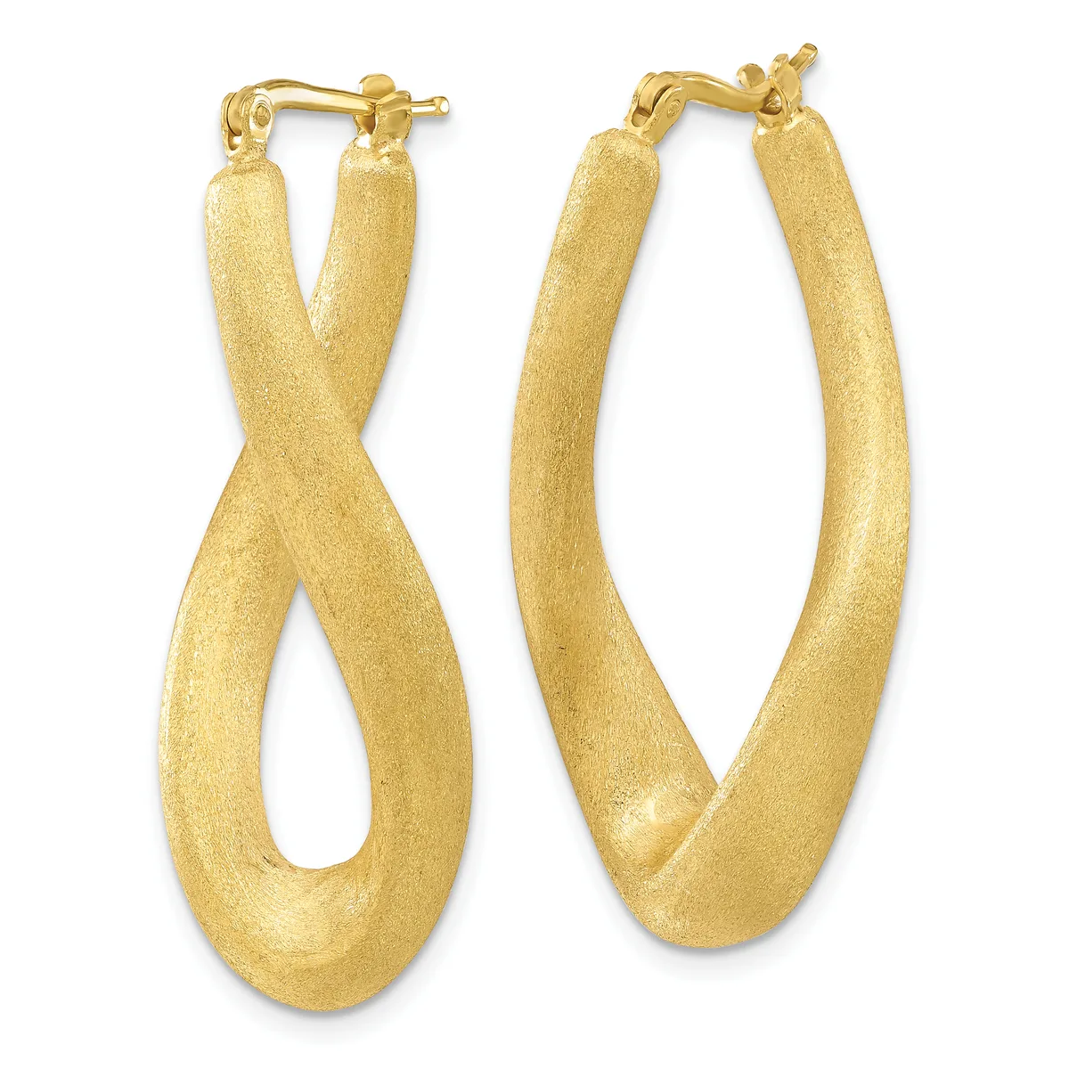 A pair of gold hoop earrings with a textured finish and twisted design, shown from front and back views.
