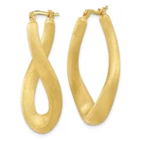 A pair of gold hoop earrings with a textured finish and twisted design, shown from front and back views.