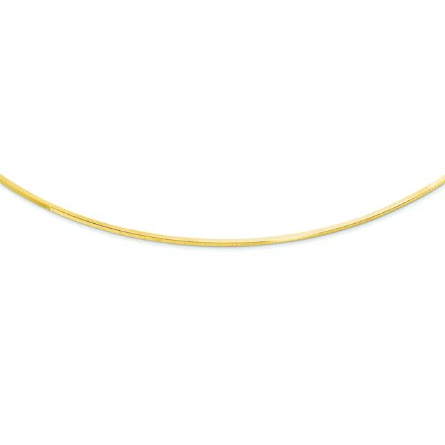 A curved gold-toned chain necklace displayed against a white background.
