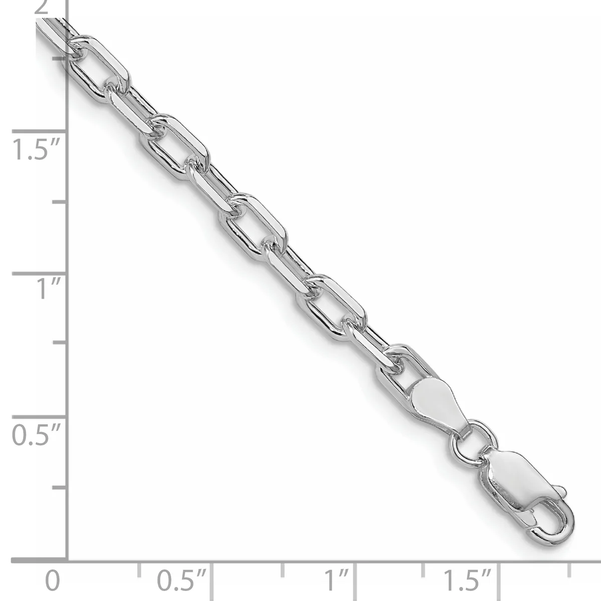 Silver-toned chain bracelet with oval links displayed next to a ruler showing the bracelet is approximately 1.5 inches wide and 7 inches long.