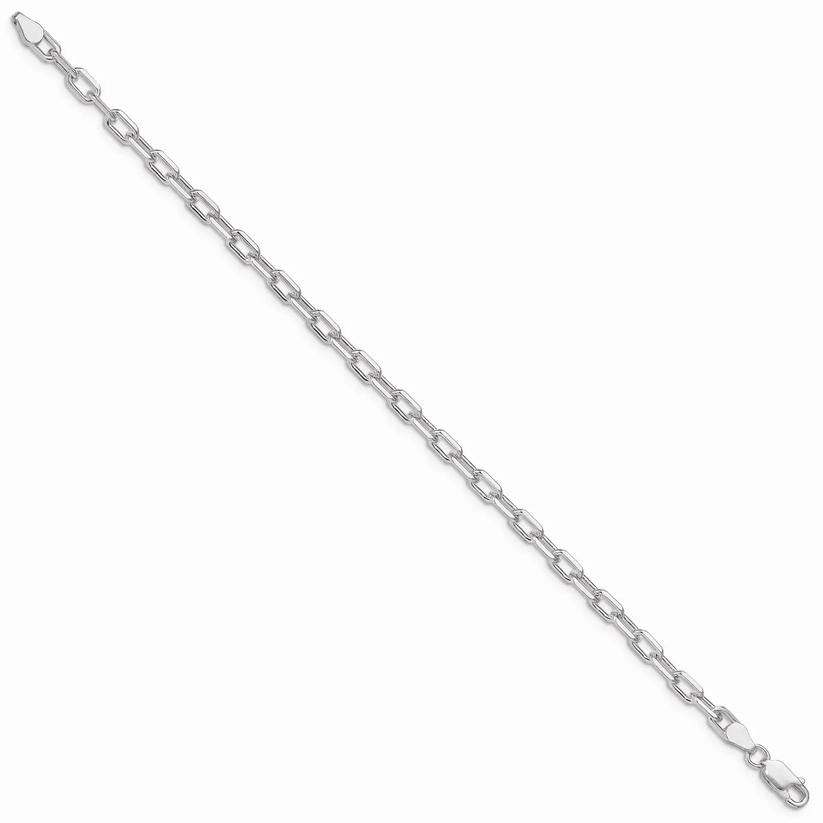 A silver-toned chain bracelet with rectangular links and lobster claw clasps at both ends, displayed diagonally against a white background.