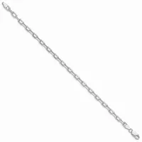 A silver-toned chain bracelet with rectangular links and lobster claw clasps at both ends, displayed diagonally against a white background.