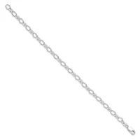 A silver-toned metal chain with oval links arranged diagonally against a white background.