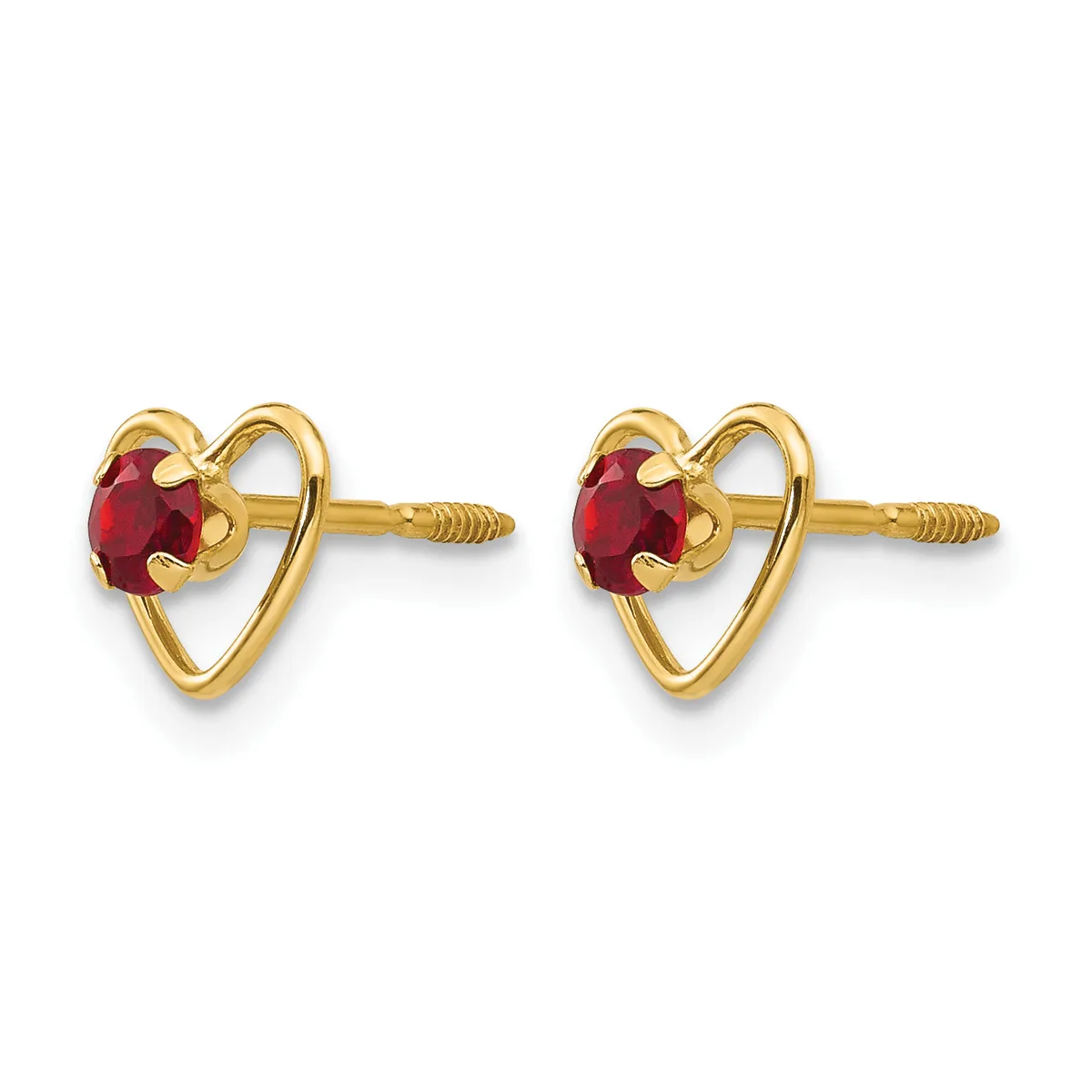 A pair of gold heart-shaped stud earrings, each set with a round red gemstone, shown from the front with screw-back posts visible.