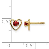 Pair of gold heart-shaped stud earrings with red gemstones, shown front and side view with measurement scale indicating approximately 0.5 inches in height.