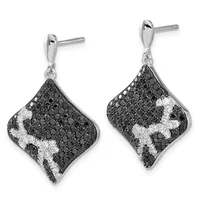 Pair of silver drop earrings with diamond-shaped pendants featuring black and white pavé-set stones in a curved design, shown from front and back views.