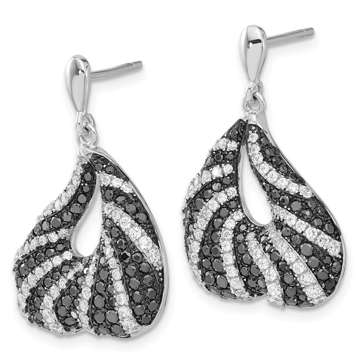 Pair of silver teardrop earrings with black and white diamond pave in a striped wing pattern, suspended from curved posts with small hallmarks.
