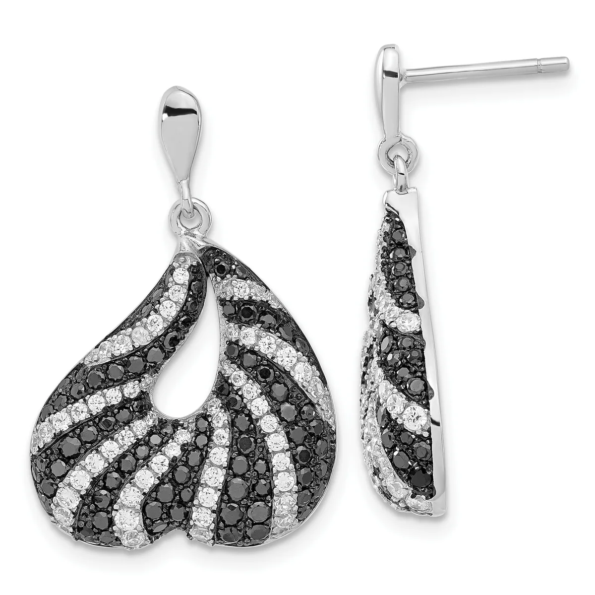 Pair of silver teardrop earrings with alternating diagonal stripes of black and white diamonds, shown from front and side views.