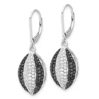A pair of silver leverback earrings with oval pendants featuring alternating black and white pavé-set diamonds in a striped pattern.