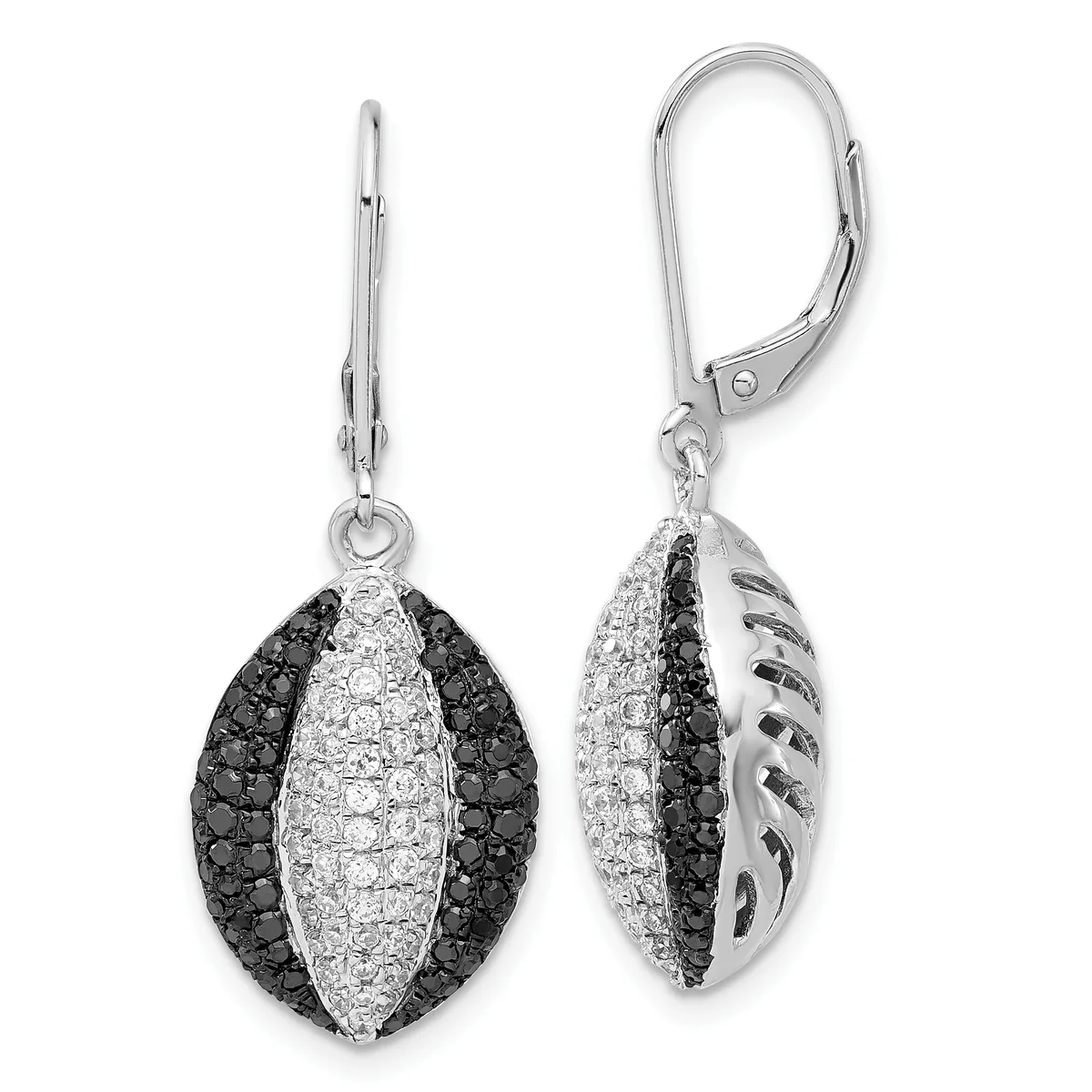 Pair of silver leverback earrings with oval pendants featuring alternating black and white pavé-set crystals, shown from front and back views.