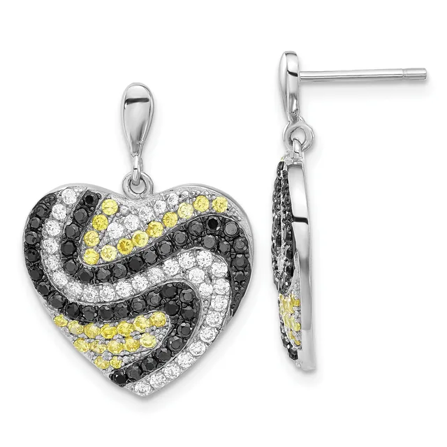 A heart-shaped pendant and matching earring featuring black, white, and yellow cubic zirconia stones in a swirling pattern, shown front and side view.