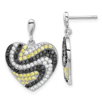 A heart-shaped pendant and matching earring featuring black, white, and yellow cubic zirconia stones in a swirling pattern, shown front and side view.