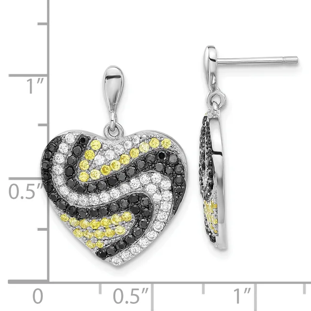 A heart-shaped pendant and matching stud earring set in sterling silver with black, yellow, and white cubic zirconia stones arranged in a swirl pattern, shown with a measurement scale.