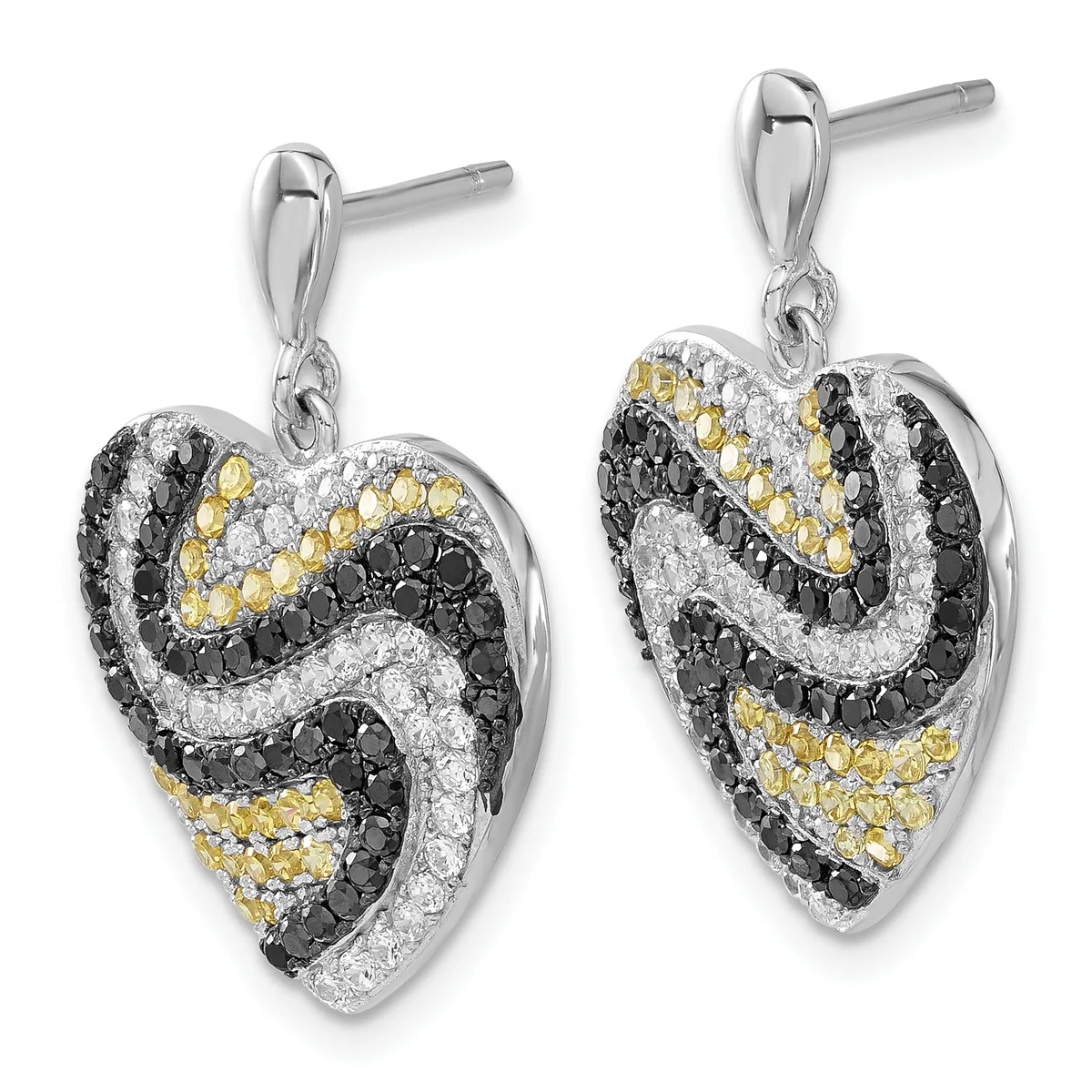 A pair of heart-shaped drop earrings with black, white, and yellow gemstones in a swirled pattern, suspended from silver posts.