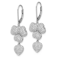 Pair of silver lever-back earrings with four-leaf clover and heart-shaped pendants densely paved with clear crystals.