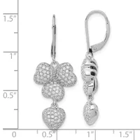 Pair of silver leverback earrings featuring three diamond-shaped clusters connected to a heart-shaped pendant, shown against a measurement ruler.