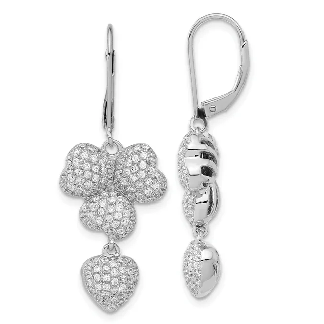 Pair of silver drop earrings with lever-back closures, each featuring a four-lobed clover shape set with cubic zirconia above a smaller heart-shaped pendant, shown from front and back views.