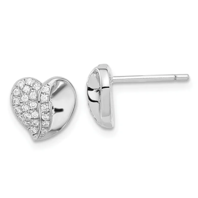 A pair of silver heart-shaped stud earrings with pave-set diamonds on one half and polished smooth metal on the other half, shown from front and back views.