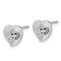 A pair of polished silver heart-shaped stud earrings with diamond pave settings on one half of each heart, displayed against a white background.