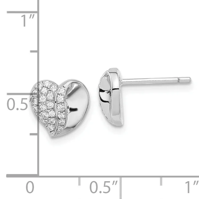 Pair of silver heart-shaped stud earrings with pave-set cubic zirconia stones, shown front and back view with measurement scale.