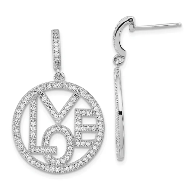 Pair of silver dangle earrings with circular pendant featuring diamond pavé outlined geometric shapes and matching pavé post with curved connector.