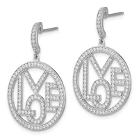 Pair of silver drop earrings with curved posts, featuring oval pendants outlined and filled with round diamonds in a geometric lattice pattern.