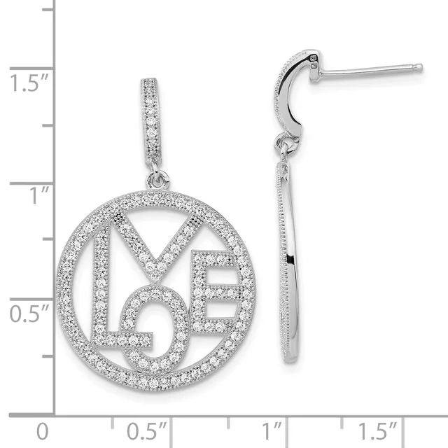 Pair of silver dangle earrings with circular pendants outlined in small diamonds, shown on a measurement scale.