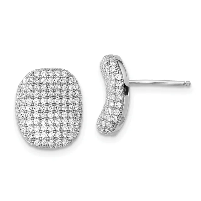 Pair of silver oval stud earrings densely set with round diamonds, shown from front and side views.