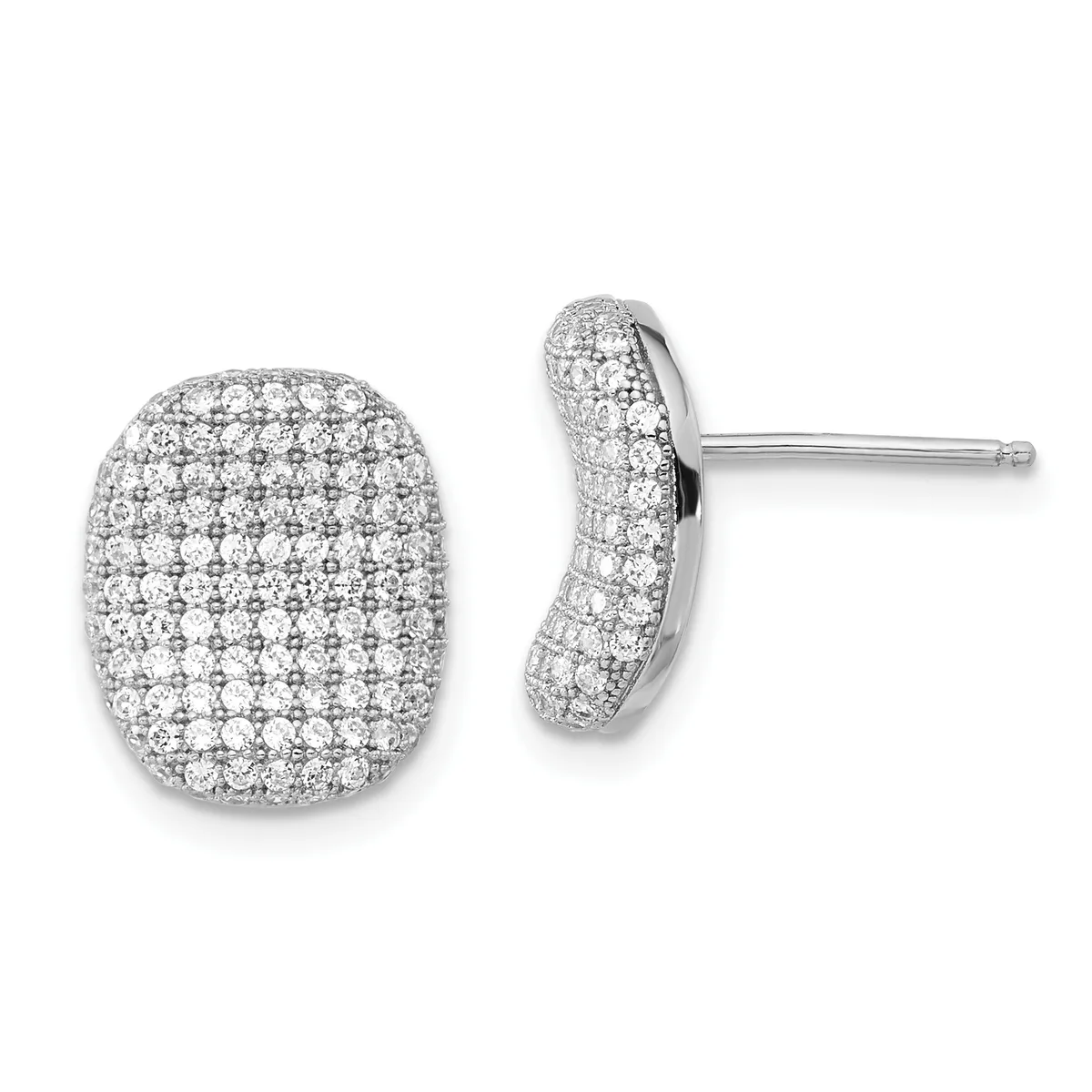 Pair of silver oval stud earrings densely set with round diamonds, shown from front and side views.