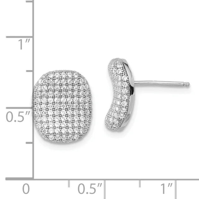 Pair of silver stud earrings with rounded rectangular cushion shapes densely paved with round diamonds, shown next to a measurement scale.