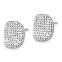A pair of white metal stud earrings with domed, rounded rectangular shapes densely pavé-set with round diamonds.