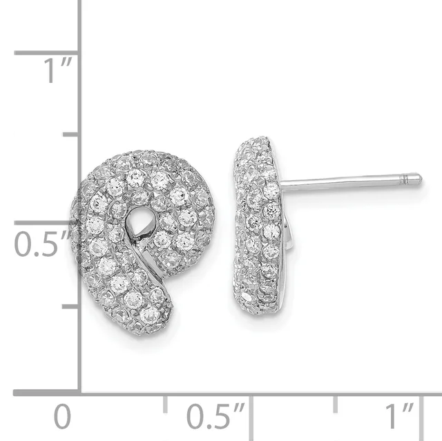 Pair of diamond-pavéd curved crescent earrings with post-and-clutch backs, shown against a measurement scale indicating approximately 0.5 inches in height.