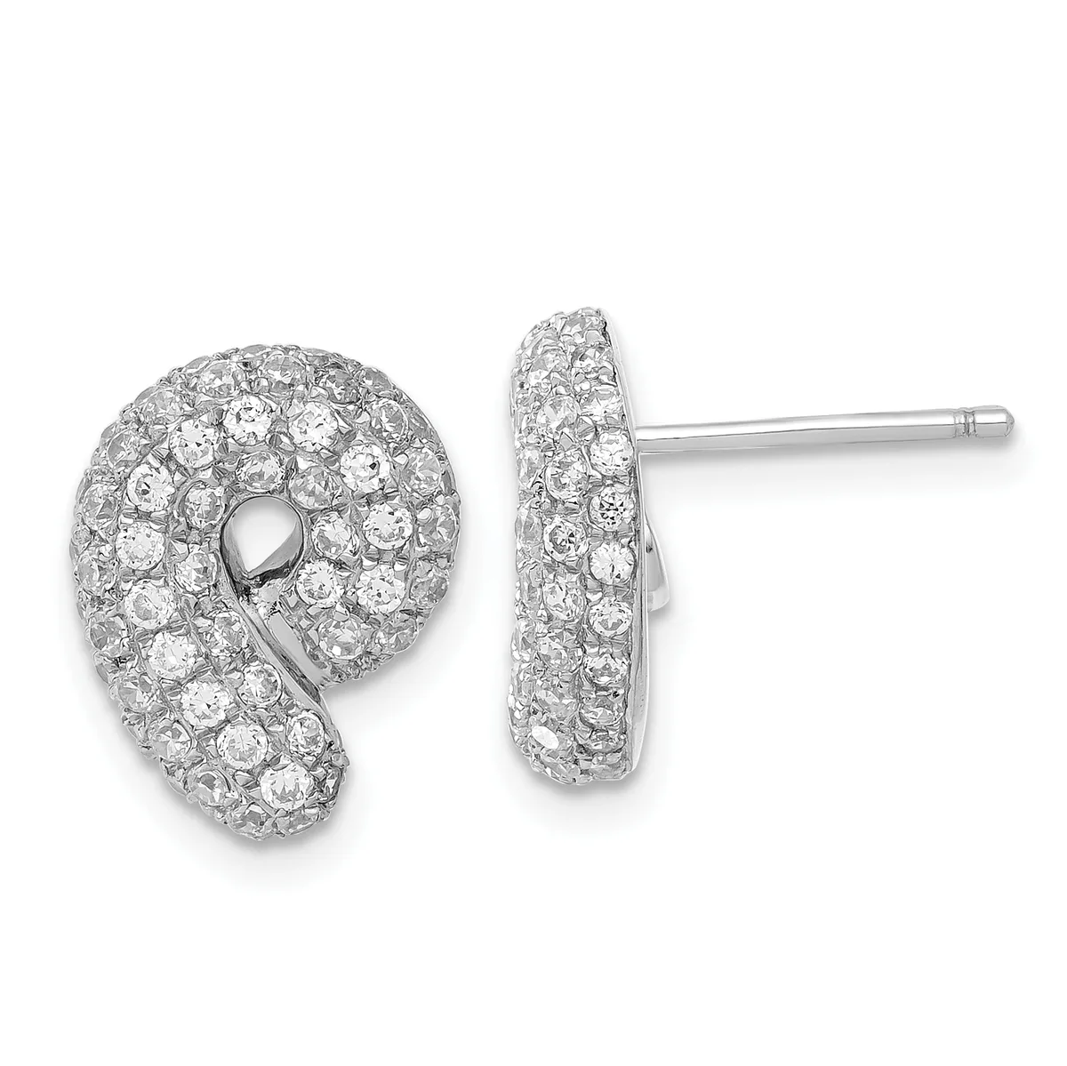 A pair of silver spiral-shaped stud earrings densely set with round diamonds, shown from front and side views.