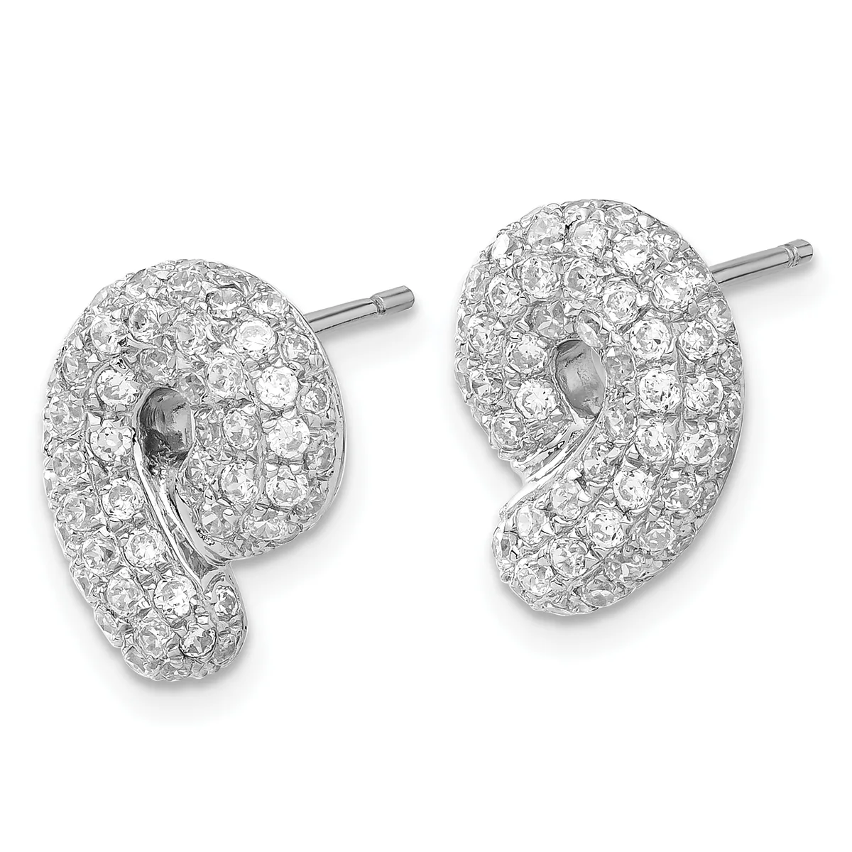 A pair of silver stud earrings with kidney-shaped backs, completely covered in round sparkling crystals or cubic zirconia stones.