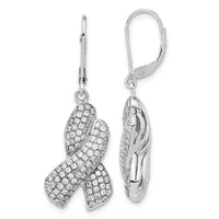 Pair of silver leverback earrings with clustered diamond pavé pendants shown from front and back views.