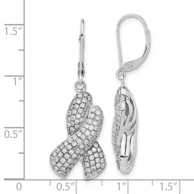 Pair of silver lever-back earrings with crossover design, fully paved with round diamonds, shown front and side view against a measurement scale.