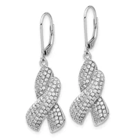 Pair of silver drop earrings with lever backs, featuring interlocking ribbon-shaped pendants densely paved with round diamonds.