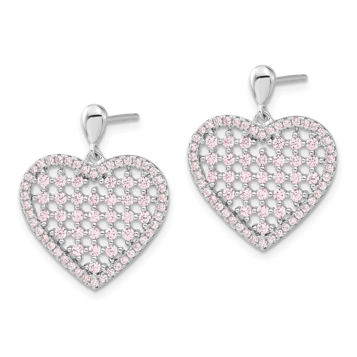 A pair of silver heart-shaped drop earrings with pink and white cubic zirconia stones set in a pave pattern, shown from the front.