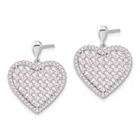 A pair of silver heart-shaped drop earrings with pink and white cubic zirconia stones set in a pave pattern, shown from the front.