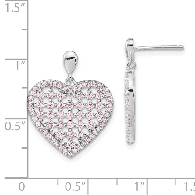 A pair of silver heart-shaped earrings with pink cubic zirconia stones in a pave pattern, shown front and side view with a measurement scale.