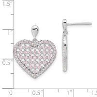 A pair of silver heart-shaped earrings with pink cubic zirconia stones in a pave pattern, shown front and side view with a measurement scale.