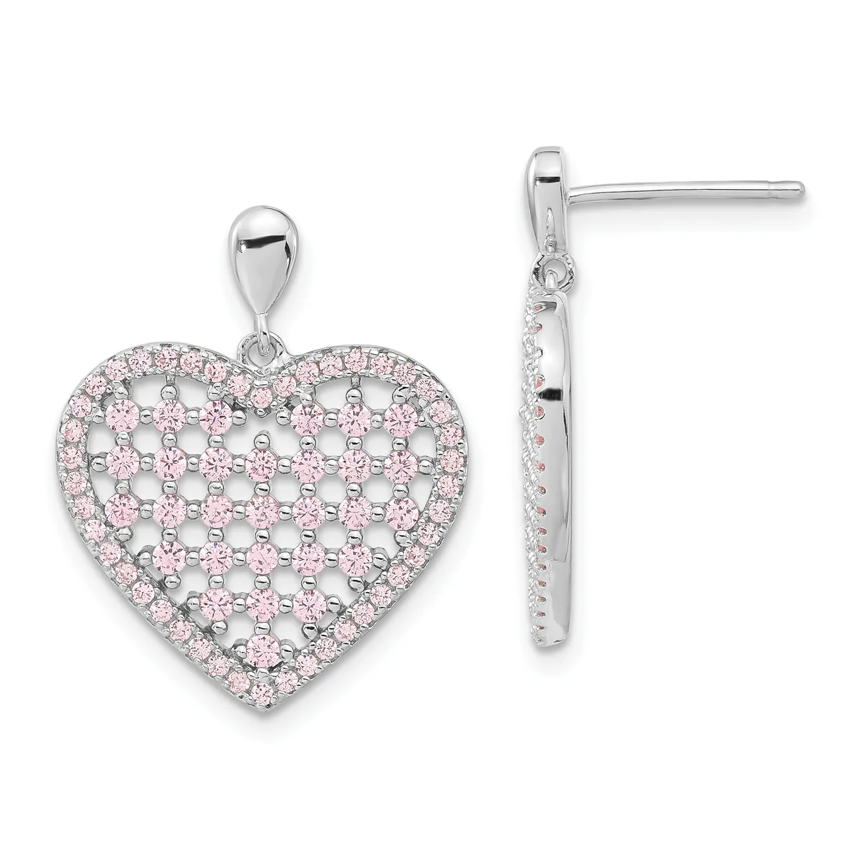 Pair of silver heart-shaped drop earrings with pink cubic zirconia stones arranged in a lattice pattern, shown from front and side views.