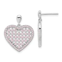 Pair of silver heart-shaped drop earrings with pink cubic zirconia stones arranged in a lattice pattern, shown from front and side views.