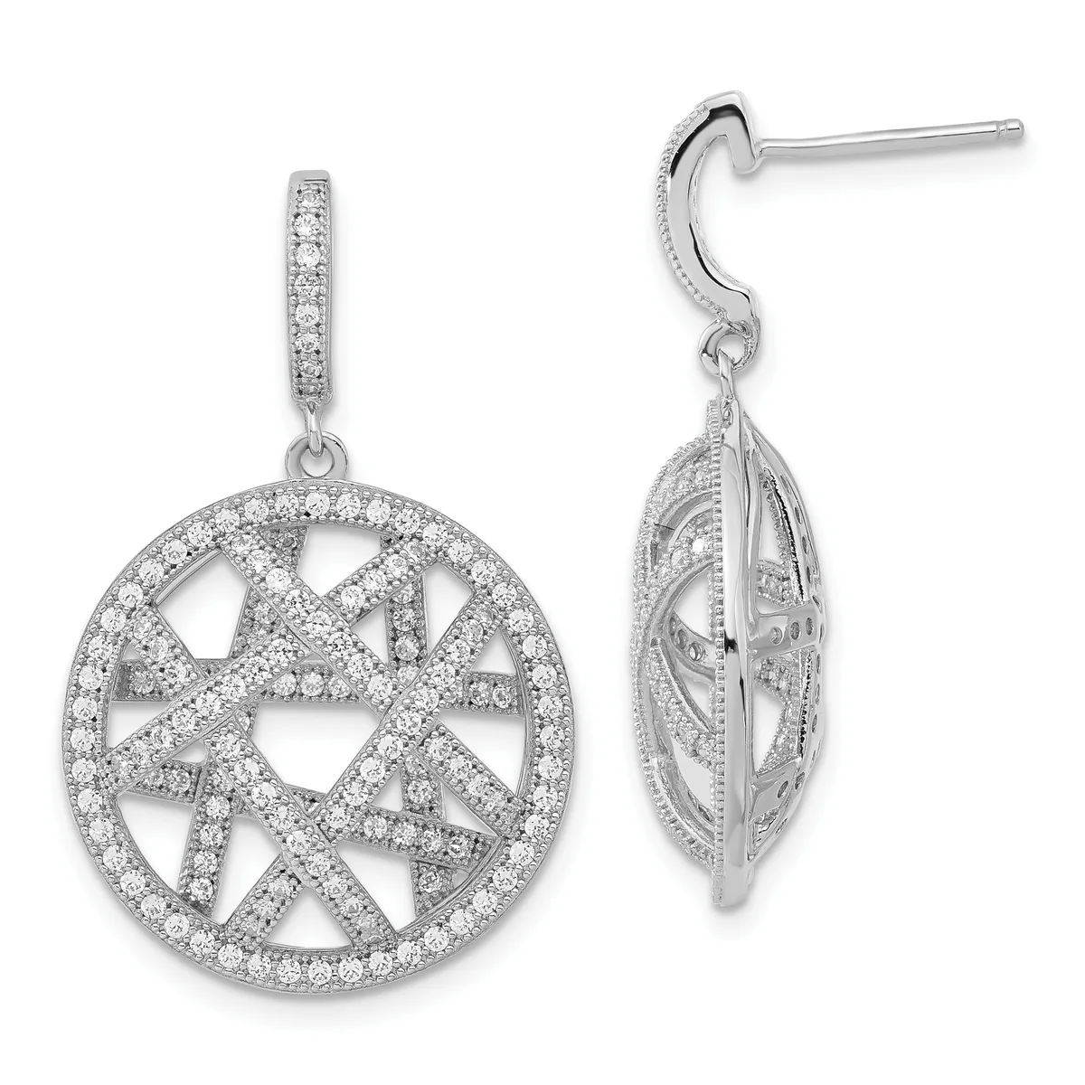 Pair of silver drop earrings with circular openwork medallions densely set with small round diamonds, shown from front and side views.