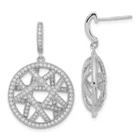 Pair of silver drop earrings with circular openwork medallions densely set with small round diamonds, shown from front and side views.