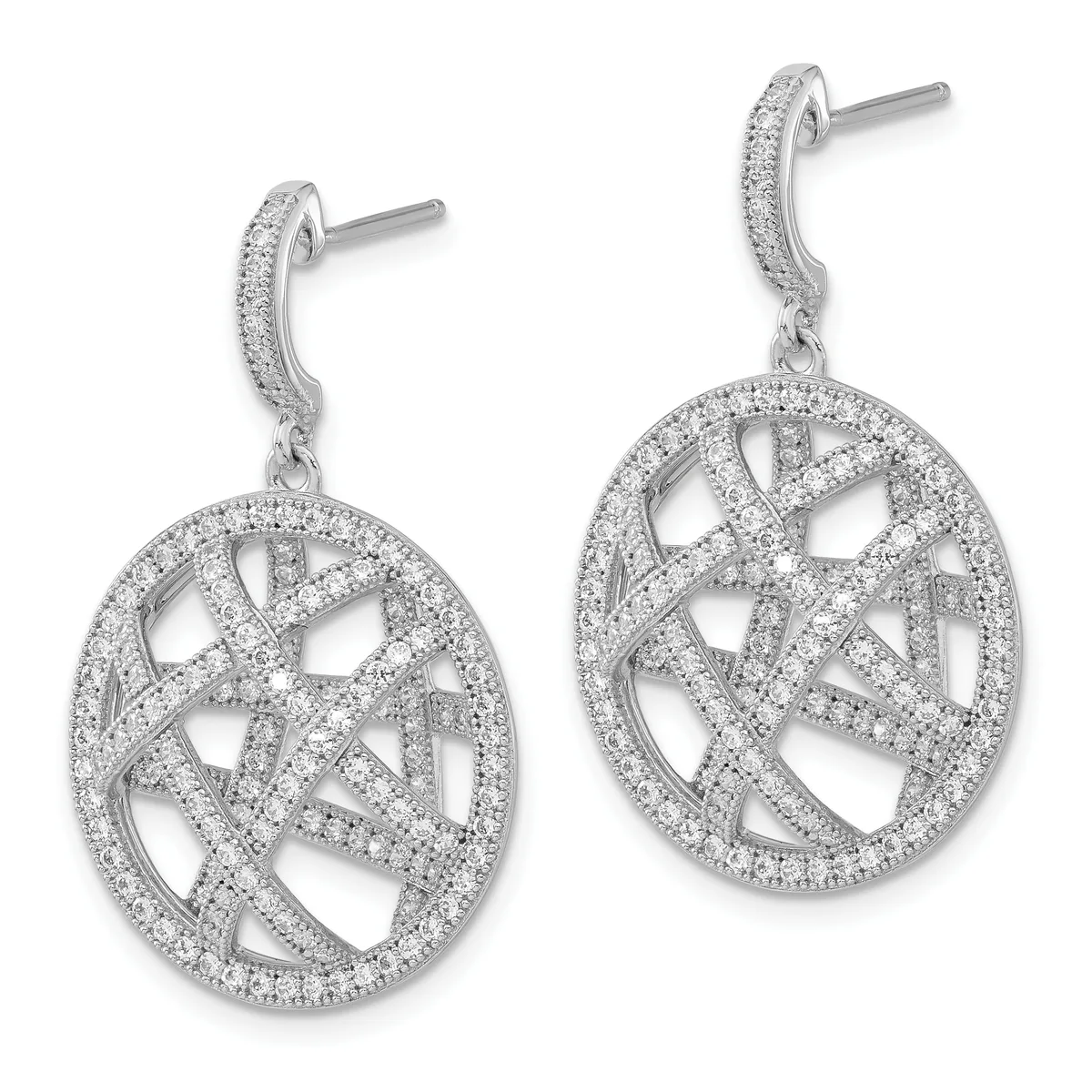 A pair of silver drop earrings with curved posts featuring oval pendants decorated with interlocking geometric patterns and pavé-set cubic zirconia stones throughout.